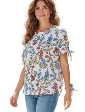#292 Lily White Floral Tie-Sleeve Blouse in White with Blue & Red Flowers